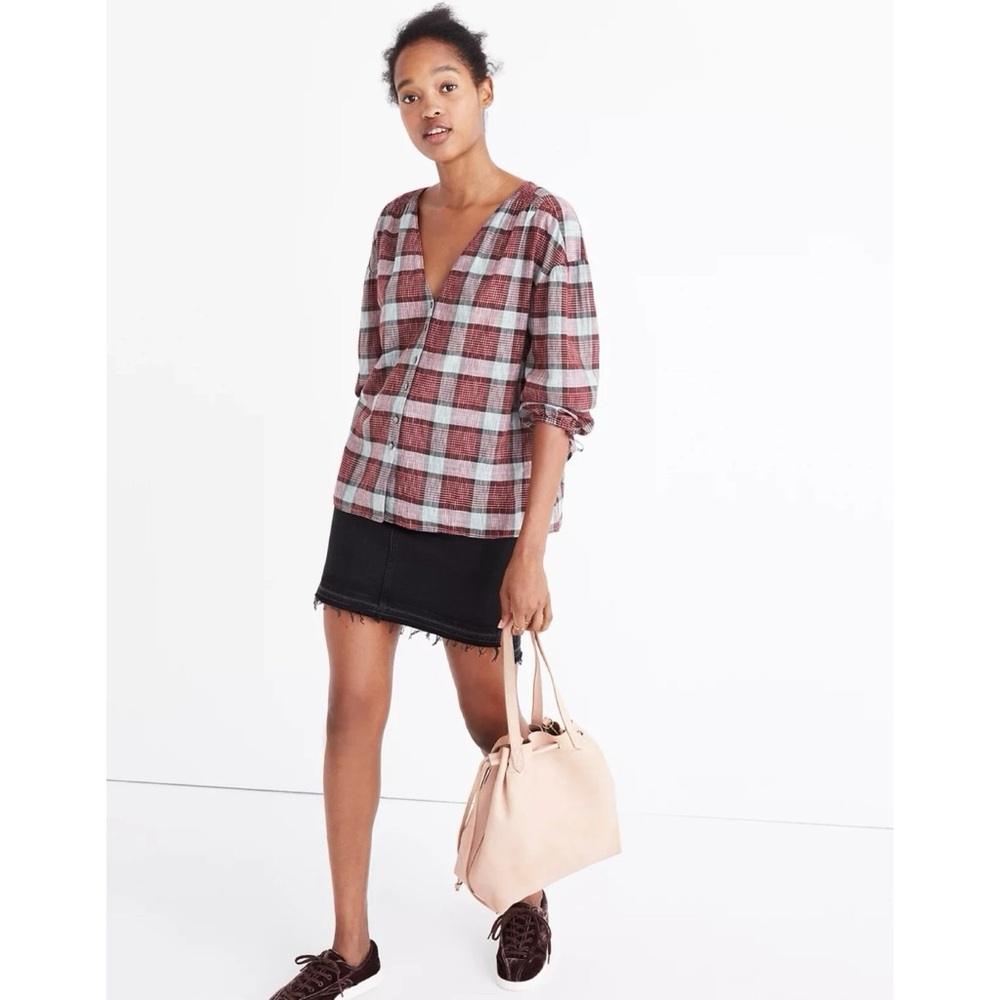 Madewell Morning View Plaid Tie-Sleeve Top Size‎ Small